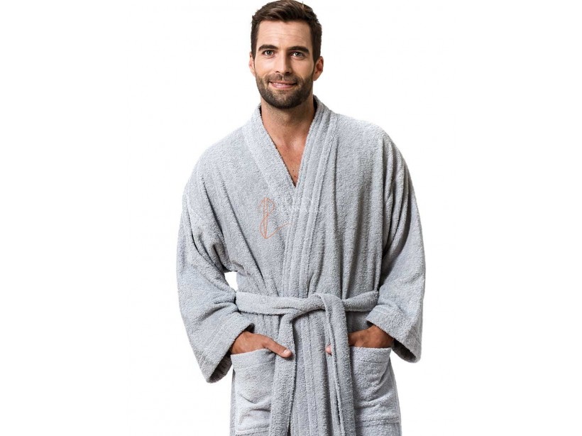 Peignoir col châle bleu ciel homme ou femme 100% coton 385 g/m2