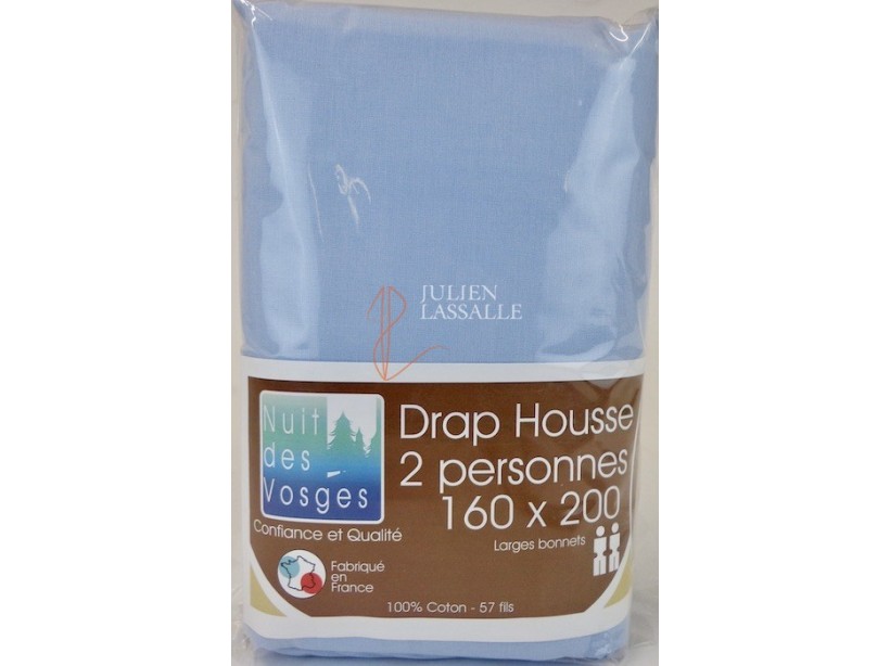 Drap housse uni 200 fils en de coton bleu 140x200 cm