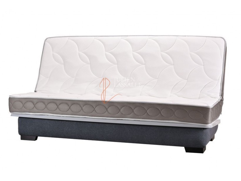 Banquette Clic-Clac tissu gris avec matelas STARCONFORT ép. 15 cm