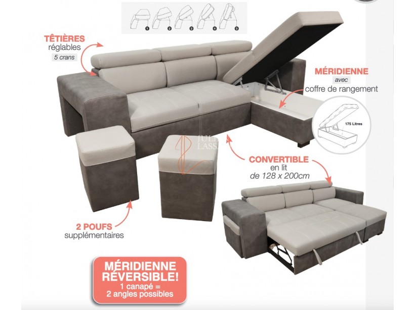 Canapé Modulo - canapé convertible en lit avec méridienne réversible droite ou gauche.