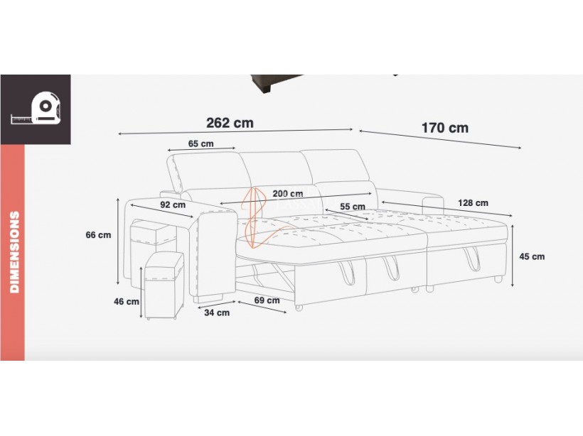 Canapé Modulo - canapé convertible en lit avec méridienne réversible droite ou gauche.