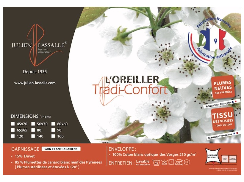 Oreiller Tradi-confort 100% naturel - 15% duvet et 85% plumettes
