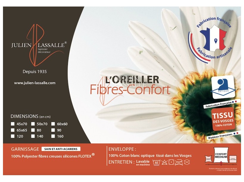 Oreiller Fibres-confort enveloppe 100% coton