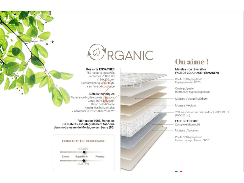 Matelas Organic Duvivier 750 ressorts ensachés renforcés Périplus