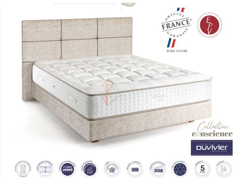 Matelas Océanis Duvivier 1551 ressorts ensachés renforcés Périplus 5 zones de couchage.